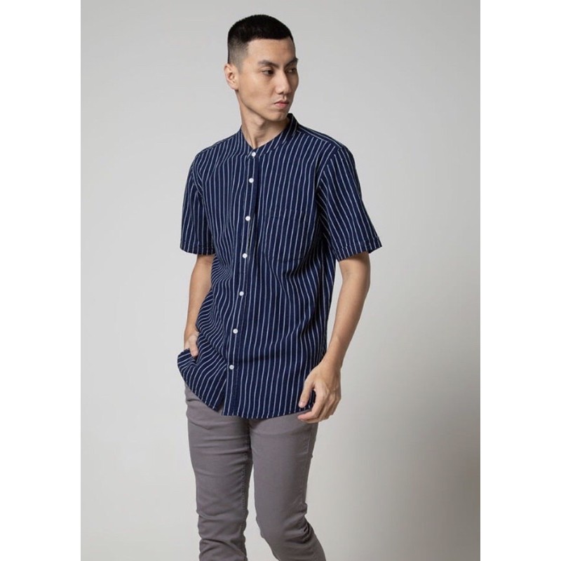 Nevada Kemeja Koko Denim Pria Stripe Navy