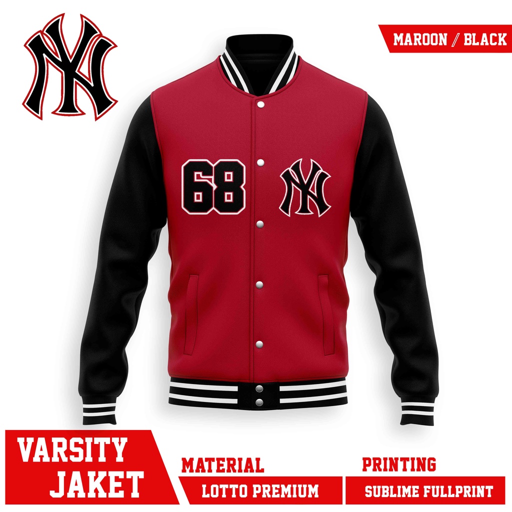 JAKET BOMBER VARSITY NY TIM BASEBALL / JAKET MLB VARSITY RED BLACK