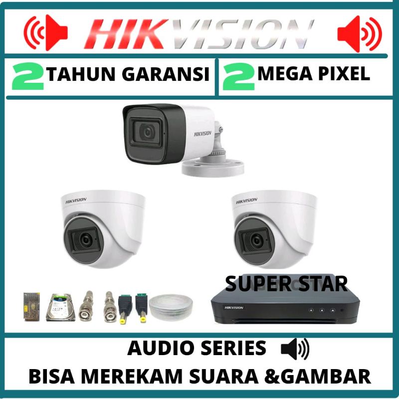 PAKET CCTV HIKVISION AUDIO 2MP 4 CHANNEL 3 KAMERA  1080P BISA MEREKAN SUARA  GARANSI 2 TAHUN