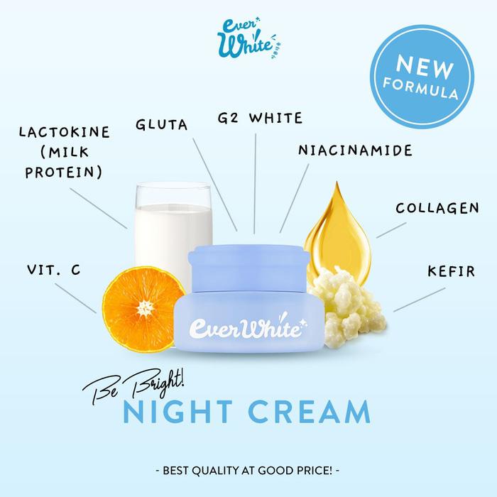 [ORI] Everwhite Be Bright Night Cream 15ml dengan Kefir &amp; Collagen Melindungi Wajah dari UV A &amp; UV B Serta Menghaluskan Mulit Wajah BPOM