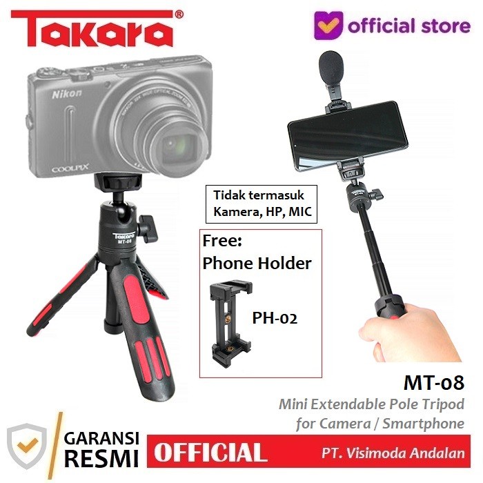 TRIPOD Takara MT-08 Extendable Mini Tripod Selfie Stick with Phone Holder (O7F2) Tripot selfie Tripo
