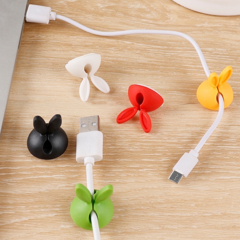 [Grosir] Cartoon Wire Winder USB Charging Cable Meja Merapikan Organizer Klip Telinga Kelinci Silica Gel Self-adhesive Cable Cords Organizer