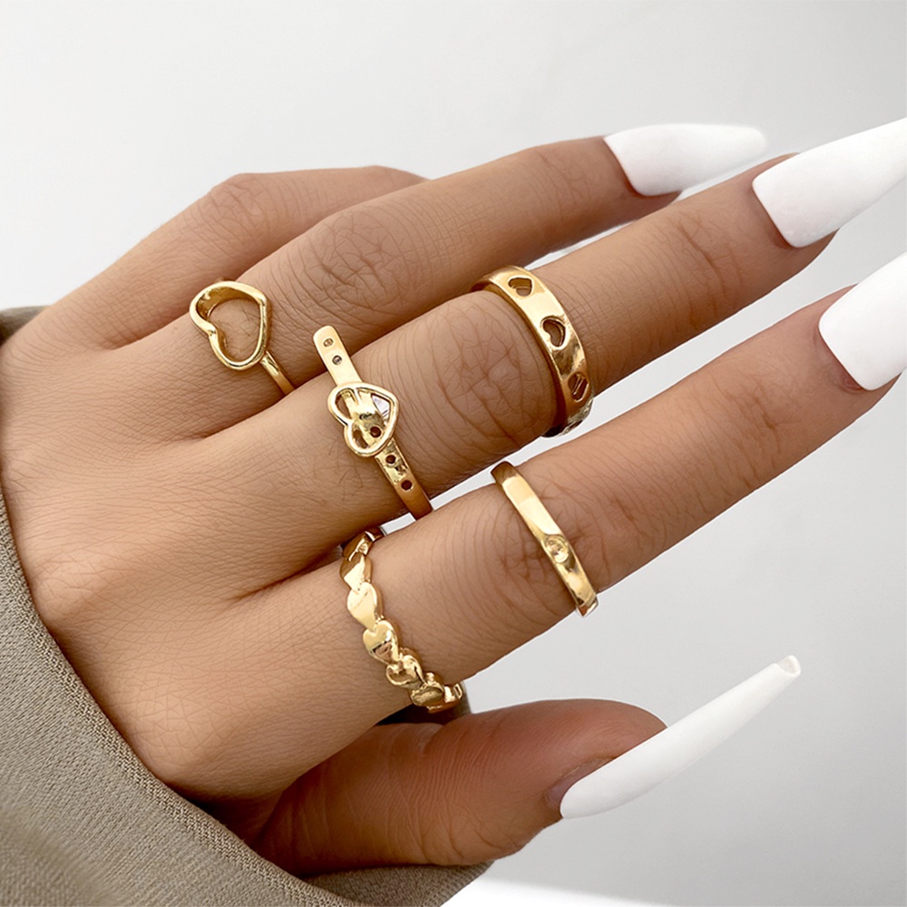 5pcs / Set Cincin Model Terbuka Desain Hati Hollow Gaya Simple / Retro Untuk Wanita