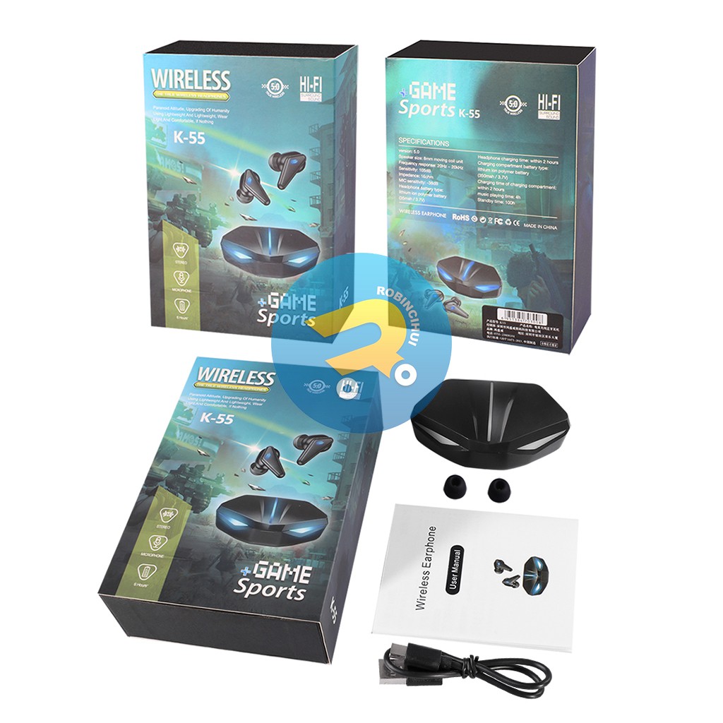 Headset Bluetooth Gaming Stereo K55 / Earphone Bluetooth Gaming / Handsfree Bluetooth game / Airbuds