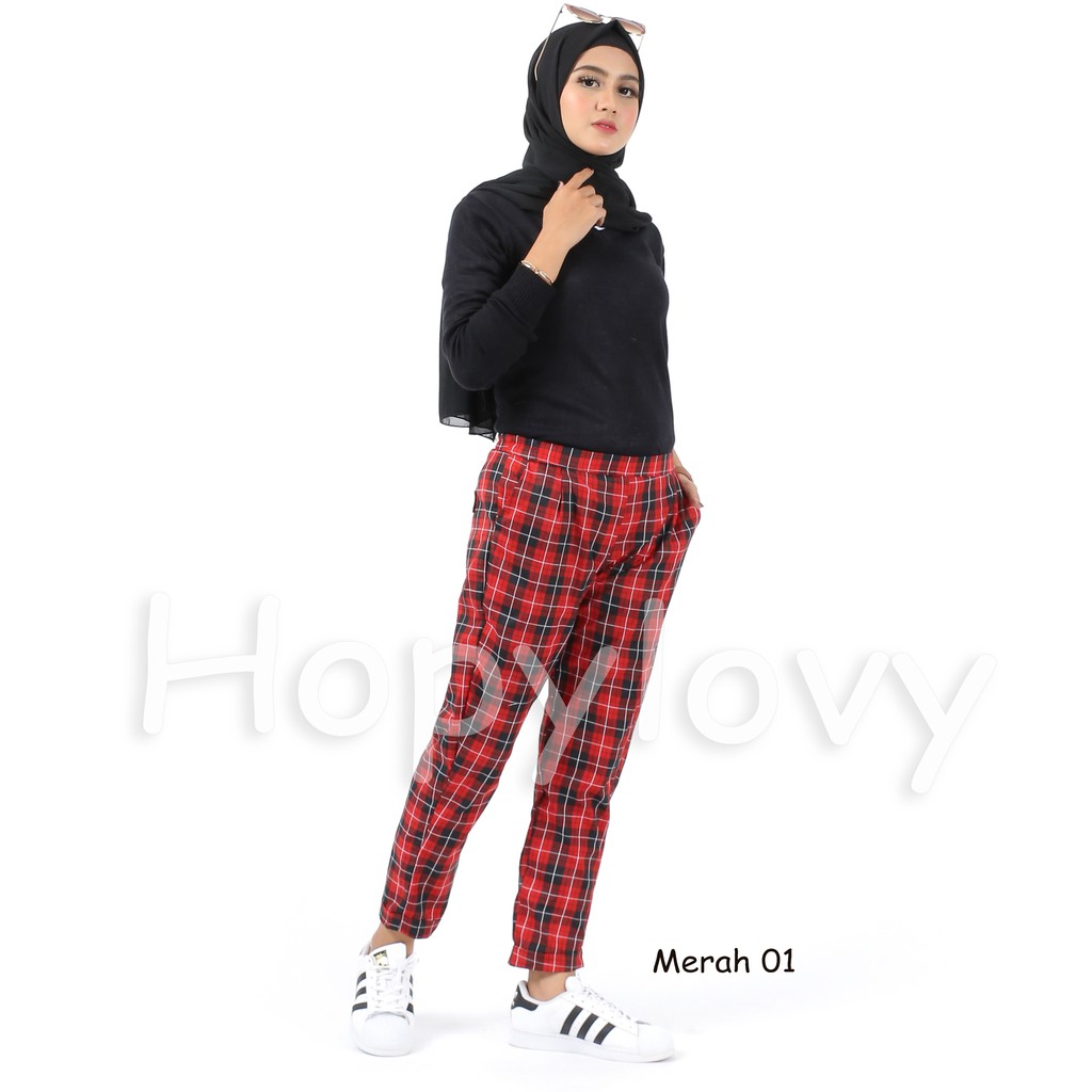 HOPYLOVY Celana  Panjang  Wanita  Kotak Rufina Shopee  