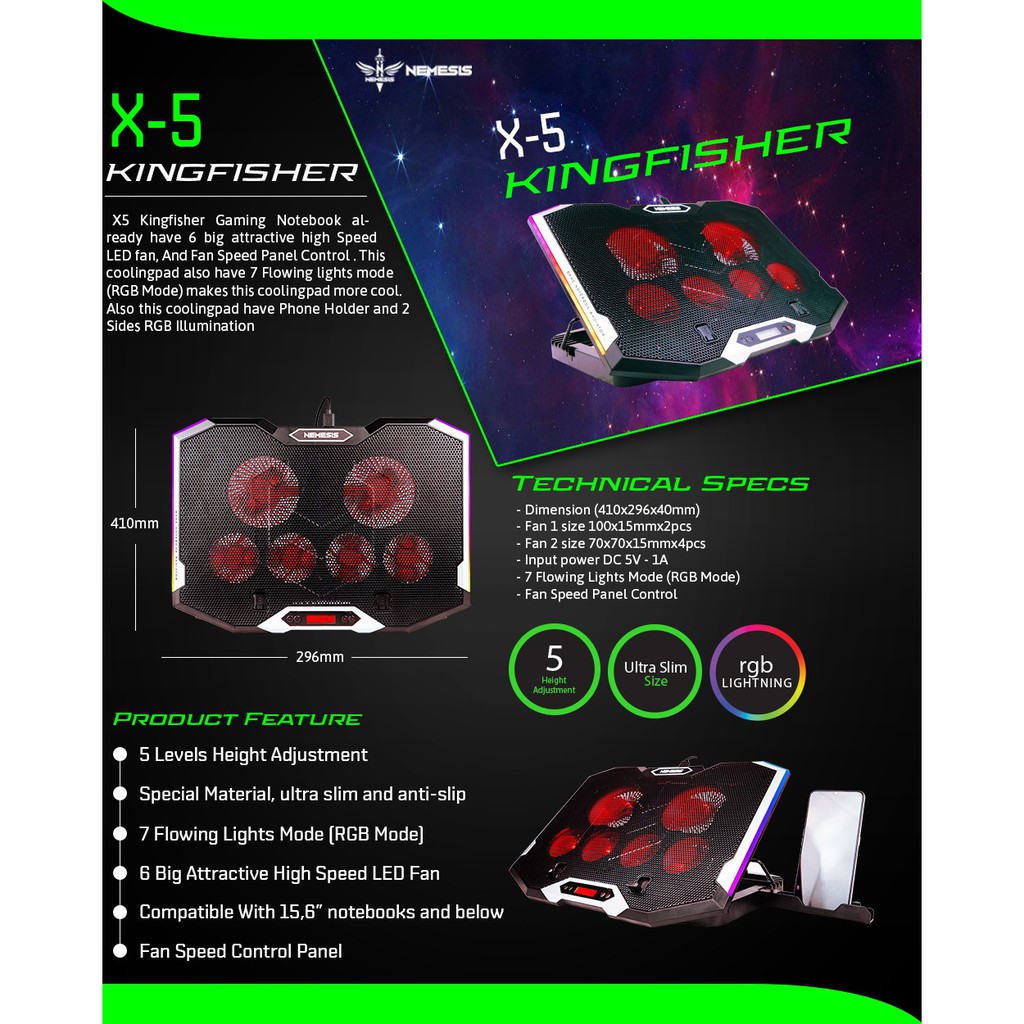 Cooling pad laptop Nyk X-5 Kingfisher 6 fan RGB - Pendingin laptop nyk X5 - Cooler fan nyk x-5