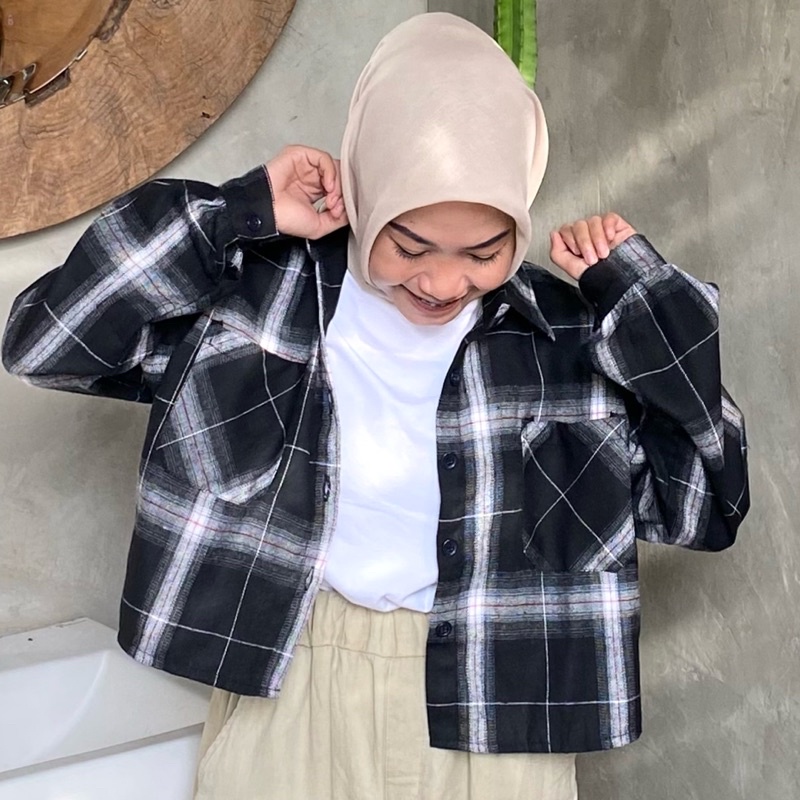 Kemeja crop top saku oversize viral flanel // kemeja crop flanel daily office shirt premium