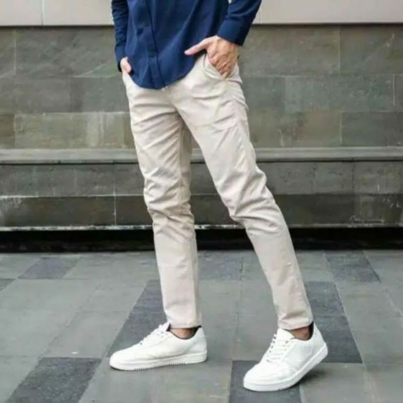 Celana Chino Panjang pria Slimfit KERJAHARIAN Santai Casual Formal Hitam Abu Cream Mocca Size 27-38