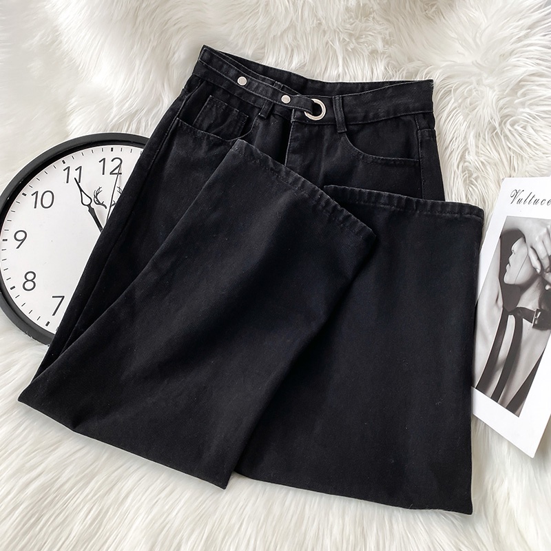 korea kekinian hitam Lingkar pinggang yang bisa disesuaikan loose straight boyfriend celana jeans panjang wanita(gambar fisik)