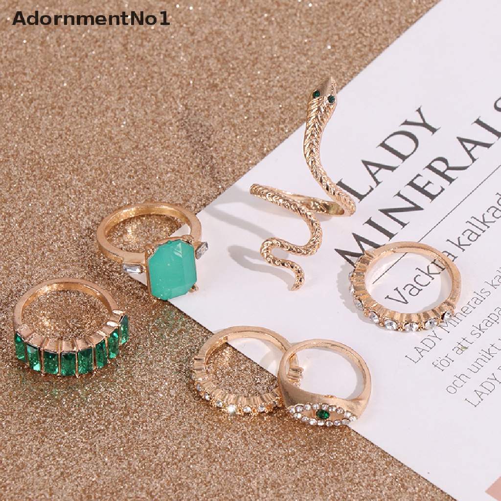 (AdornmentNo1) 6pcs / set Cincin Vintage Adjustable Bentuk Ular Aksen Kristal + Berlian Imitasi Untuk Wanita