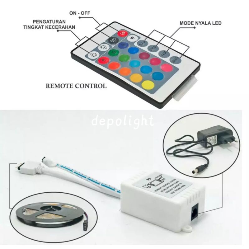 Lambu LED strip RGB warna warni ip68 2835 3528 komplit set adaptor remote