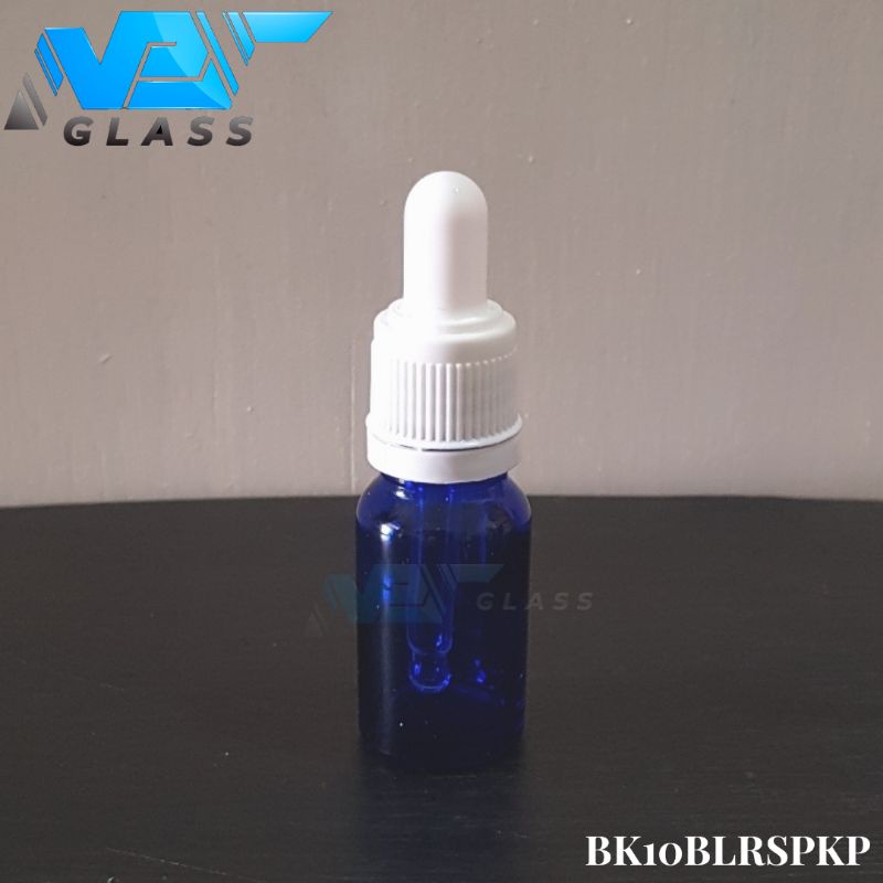 botol kaca pipet 10ml tebal biru - ring segel putih