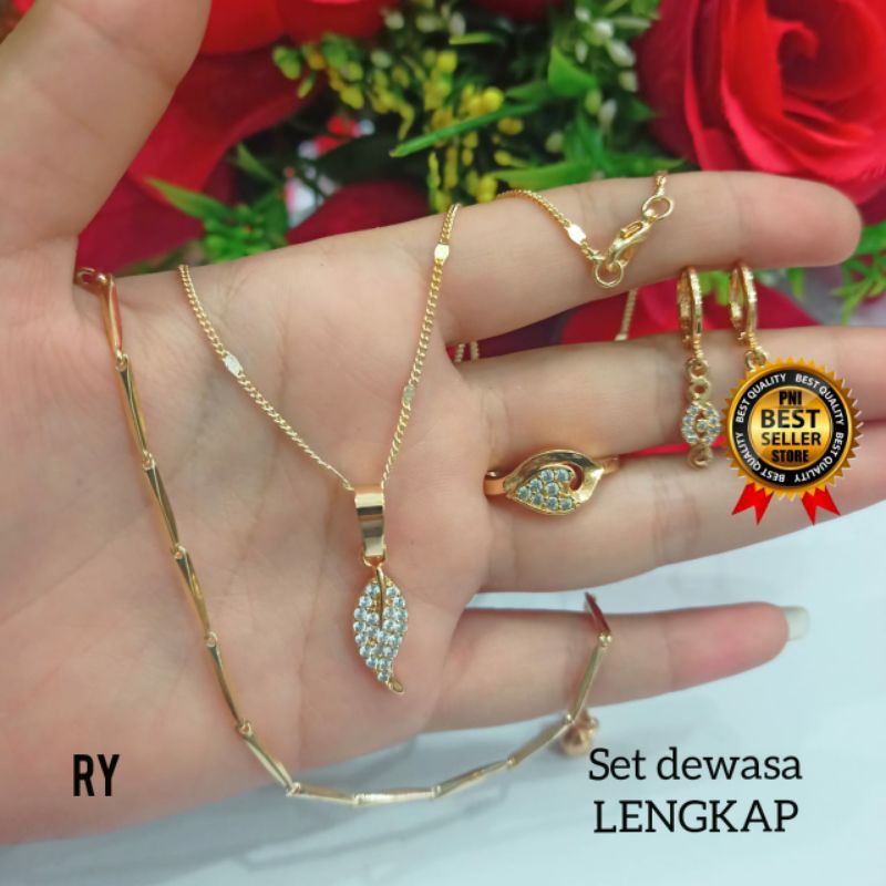 Fourfashion Set Perhiasan Wanita Oval Gold Lapis Emas Kekinian PD023