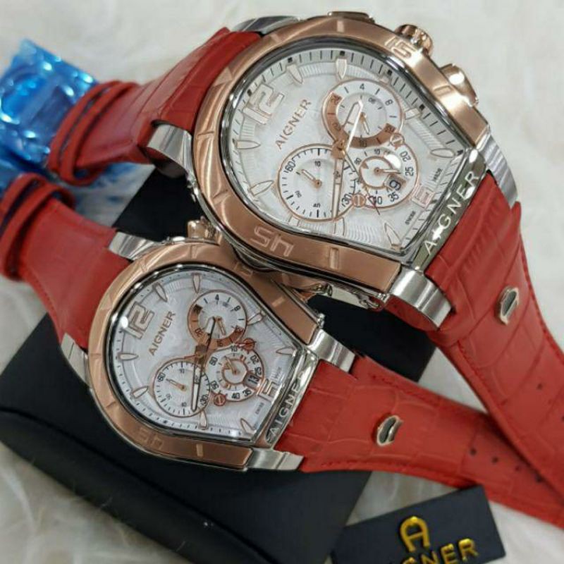 Jam Tangan Couple Aigner Palermo Cronograp Super Graden AAA Tali Kulit Merah - Aigner Palermo Couple