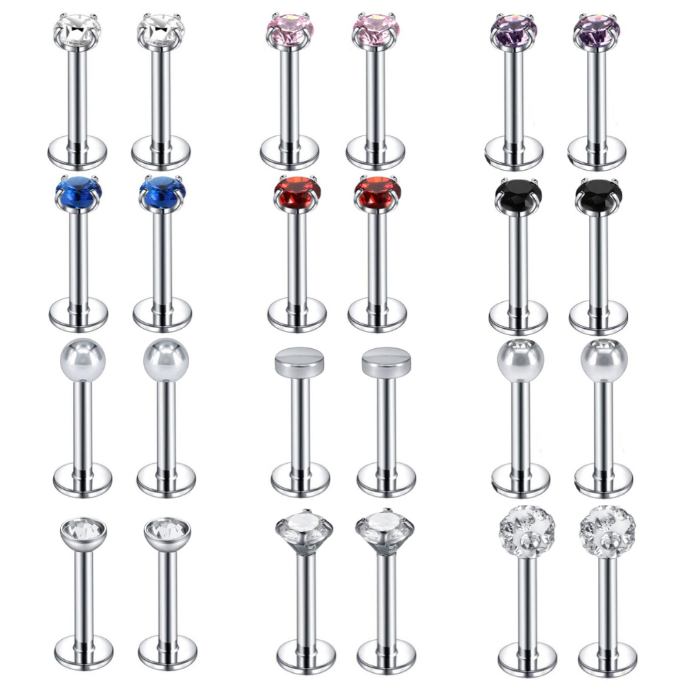 ESR 12pcs / Set Anting Tindik Bibir Bahan Stainless Steel Anti Alergi Hias Kristal / Berlian Imitasi