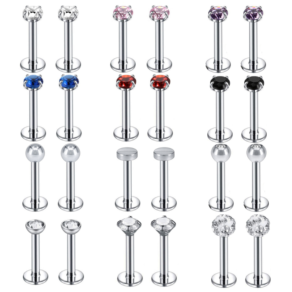 ESR 12pcs / Set Anting Tindik Bibir Bahan Stainless Steel Anti Alergi Hias Kristal / Berlian Imitasi