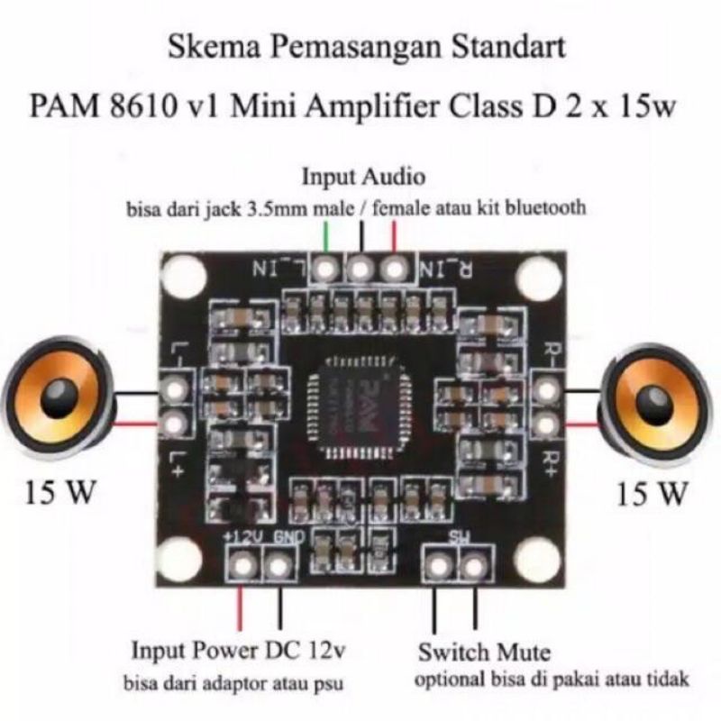 KIT MODUL 12V POWER 2X15W PAM8610 CLASS D MINI DIGITAL AUDIO AMPLIFIER