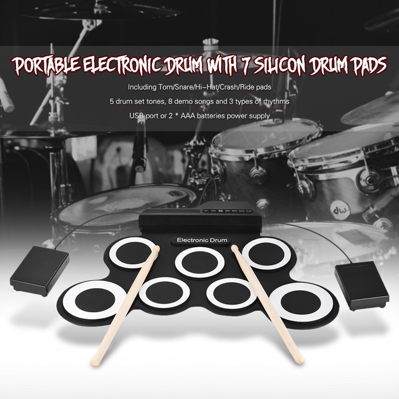 Ammoon Electronic Digital Drum Kit 7 Pads Roll Up USB Power - Green