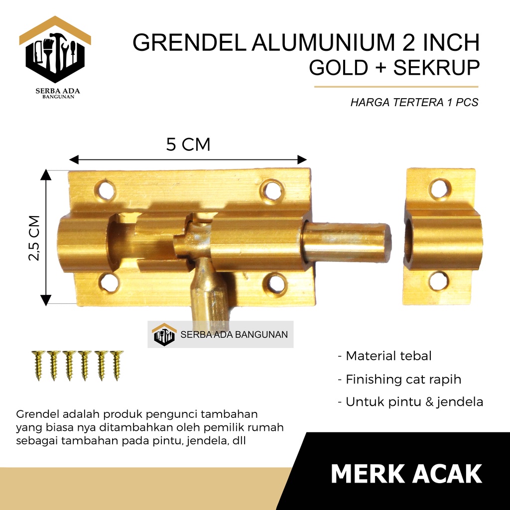 Grendel Aluminium (MERK : TOP ORIGINAL 100%) Slot Pintu Jendela 2 Inch / 6 cm I Selot Alumunium Tebal Skrup Baut