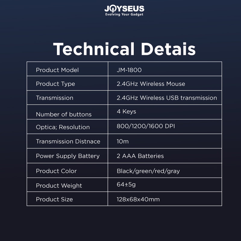 JOYSEUS Wireless Mouse 1800DPI USB Computer 2.4GHz Mouse - MS0003