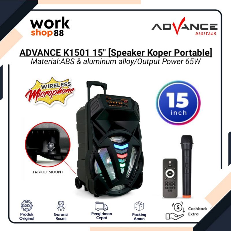 Terbaru Advance K1501 15 Inci Speaker Portable + Mic Wireless Power 65W ABS & Aluminium Alloy - New 