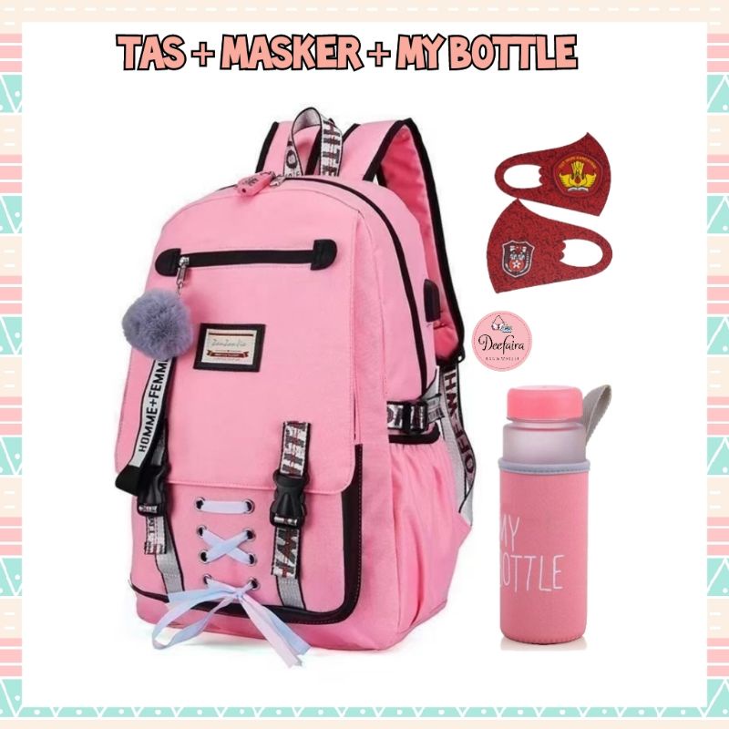 Tas Backpack Wanita Tas Punggung Sekolah Anak Perempuan Model Pita Plus Pompom dan My Bottle