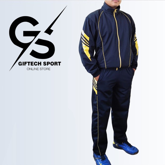 Setelan Olahraga Pria Jaket Training Baju Seragam Olahraga Stelan Lari - Navy Kuning, M