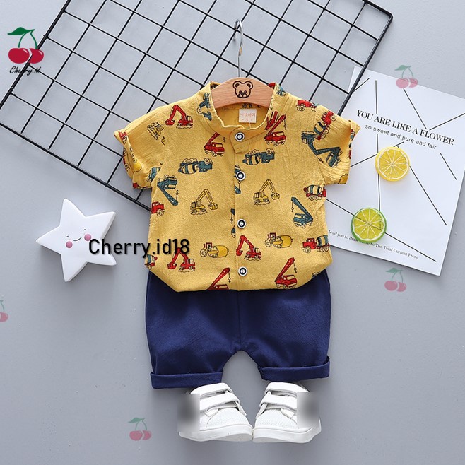 Cherry COD Setelan Kemeja Anak Motif Traktor / Setelan Kemeja Anak Lengan Pendek  / Baju Anak Laki Laki -  KB10