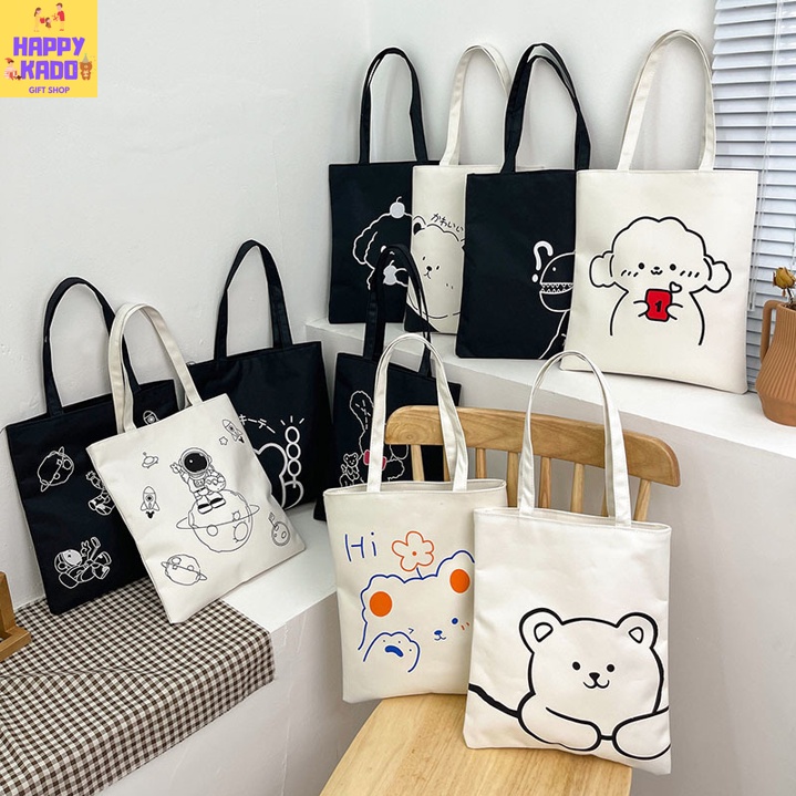 Tas Tote Bag Hitam Putih Besar Remaja/Dewasa Cantik Mungil Kado Hadiah Ulang Tahun / Natal dll.