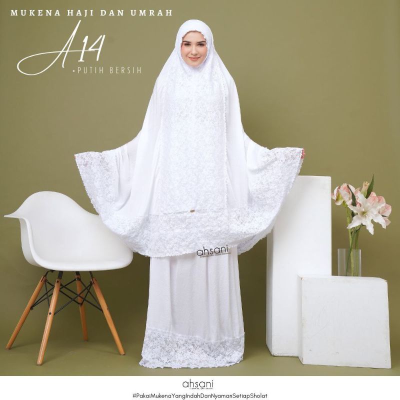 Ahsani A.14 Mukena Haji Dan Umroh Mukenah White Series 2in1 Yang Cantik Dan Nyaman Dipakai