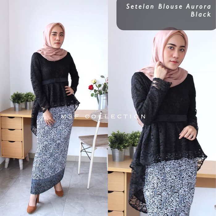 SETELAN KEBAYA BROKAT AURORA BLACK ROK PLISKET
