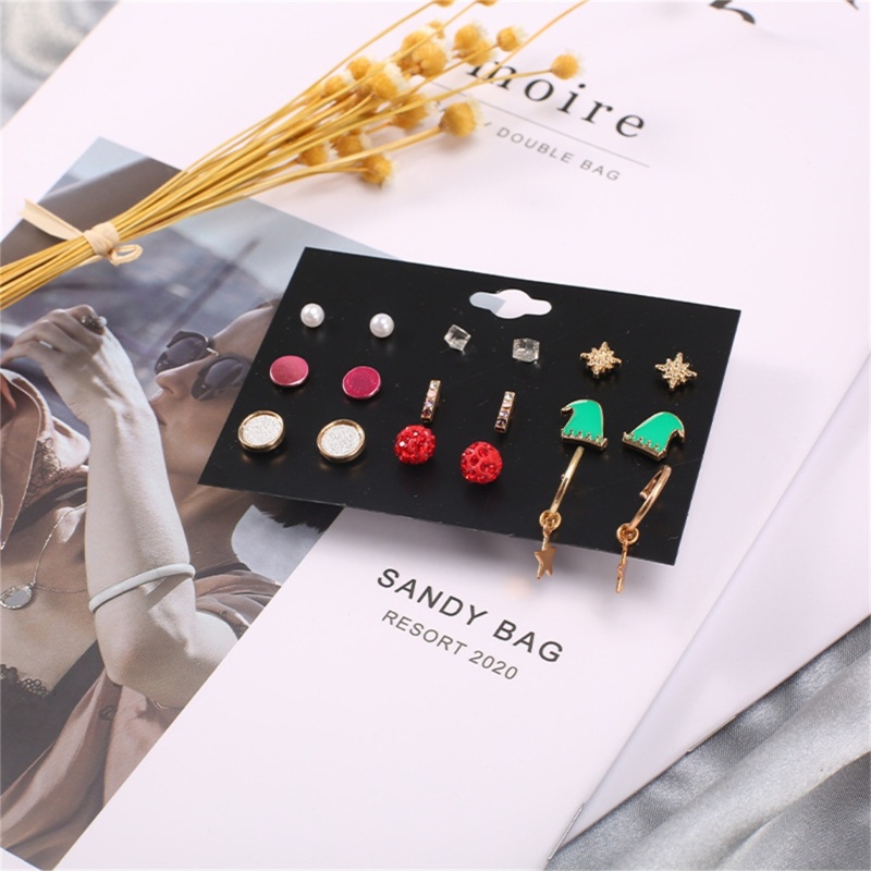 9 Pasang Anting Stud Desain Natal Bahan Alloy Untuk Wanita