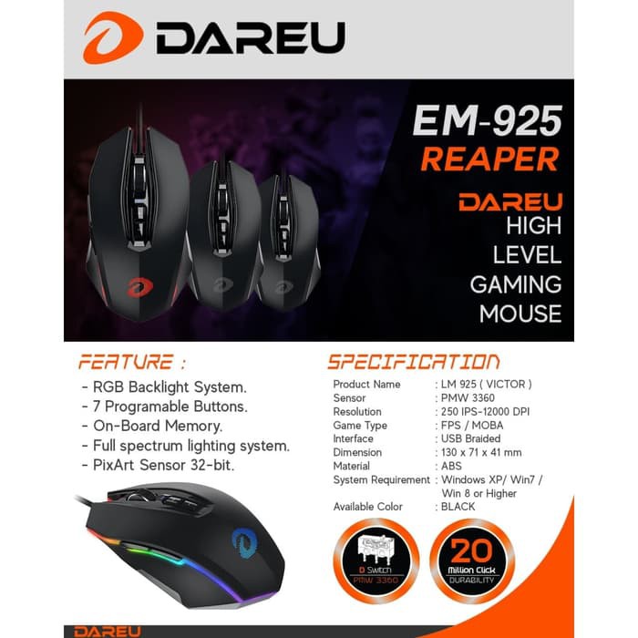 Mouse Gaming RGB DAREU EM-925 REAPER PMW3360 Sensor