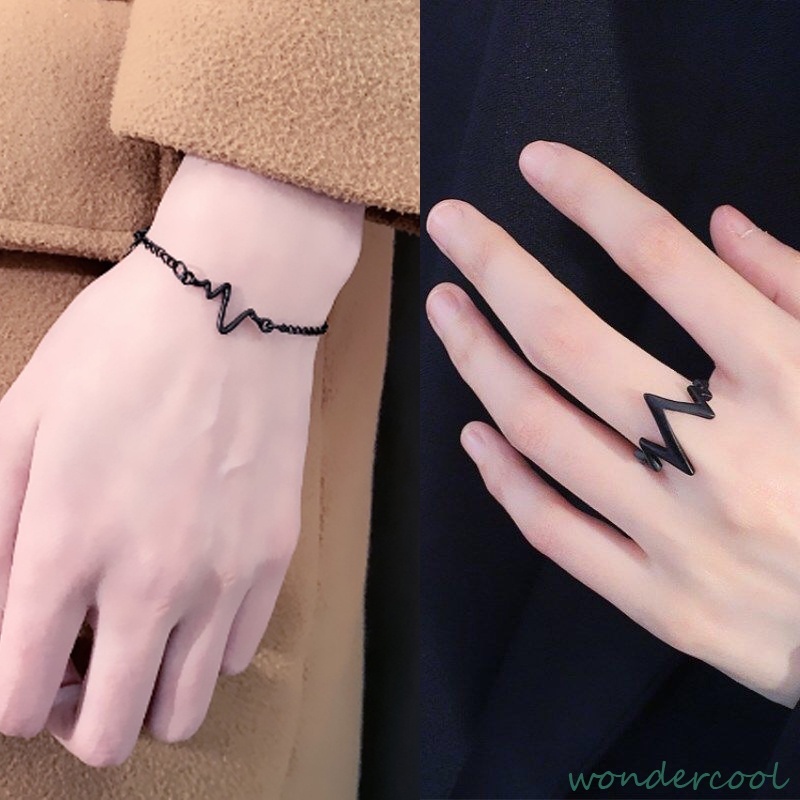 Gelang/Cincin/kalung Wanita Desain Kepribadian Yang Sederhana EKG Petir Pasangan Detak Jantung Gelang/Cincin Couple Hitam Rantai Bracelet-Won