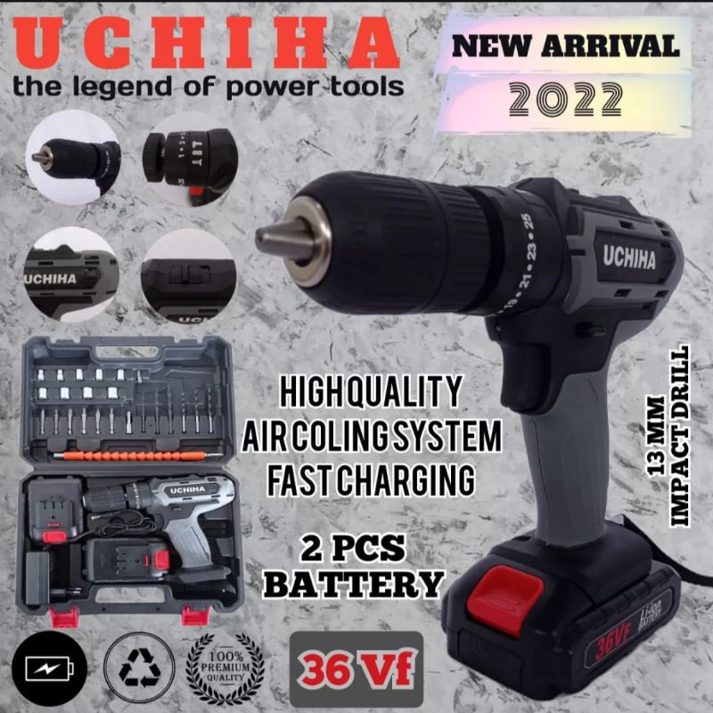 Promo New Arrival Bor Battery Uchiha 36Vf Impact Dril Fullset Koper  3 Mode : Beton, Kayu dan Besi. 