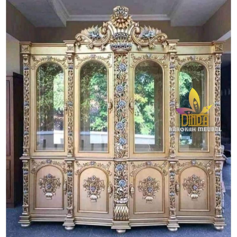 LEMARI HIAS LEMARI PAJANGAN MAWAR GOLD, JATI PILIHAN UKIR MODERN MEWAH BERKUALITAS