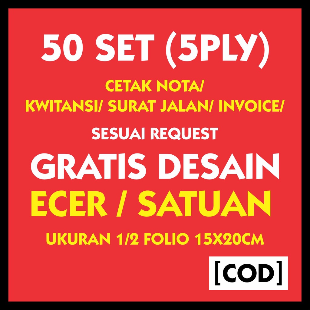 

(50 SET - 5 PLY) CETAK NOTA CUSTOM SESUAI REQUEST GRATIS DESAIN 5 PLY FULL COLOR BAHAN NCR KARBON LANGSUNG TEMBUS