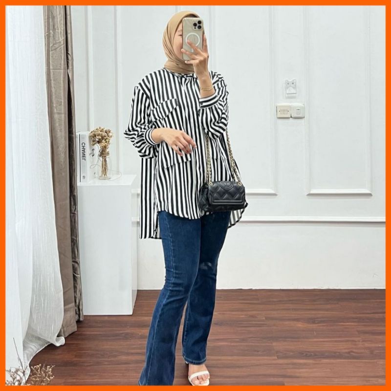 Blouse Kemeja Wanita Rayon Premium Jumbo Emil Belt Shirt Motif Salur Garis