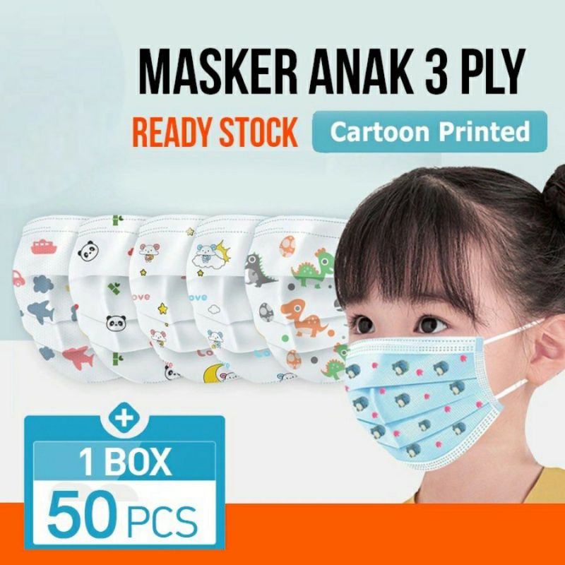 1box 50pcs Masker cantol earloop 3ply anak balita sekolah motif kartun lucu