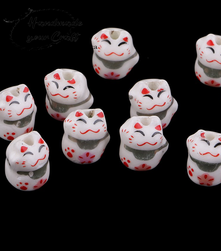 Cute Lucky Cat Ceramic Charm Beads Porcelain Loose Spacer Beads