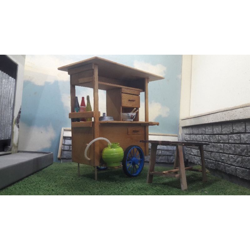 Hiasan Miniatur set Gerobak kayu Mie ayam 1:12
