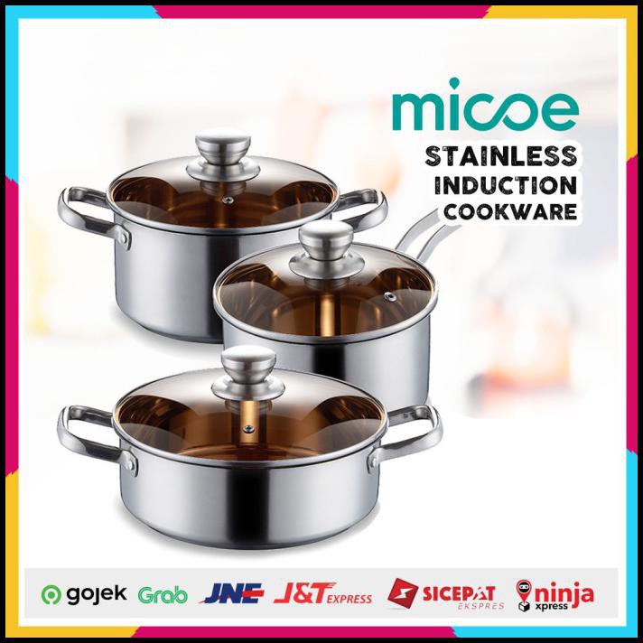 Cookware Pan Set Paket Panci Stainless Glass Lid Kompor Induksi Micoe