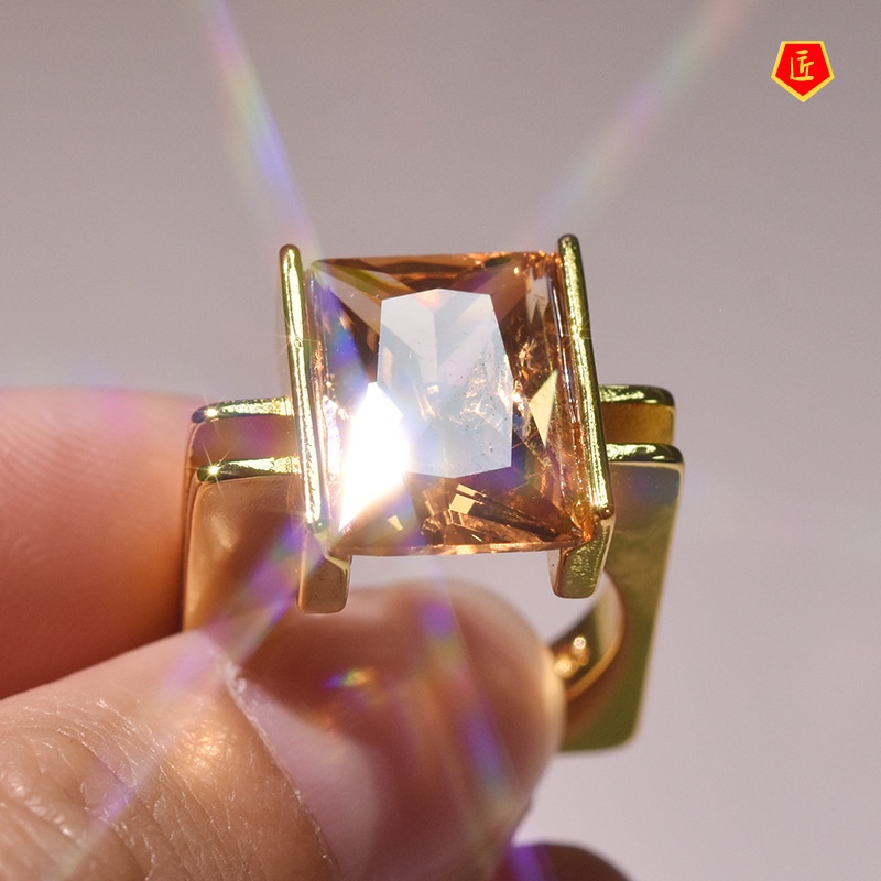 [Ready Stock]Fashion Personality Gold Inlaid Champagne Square Diamond Ring