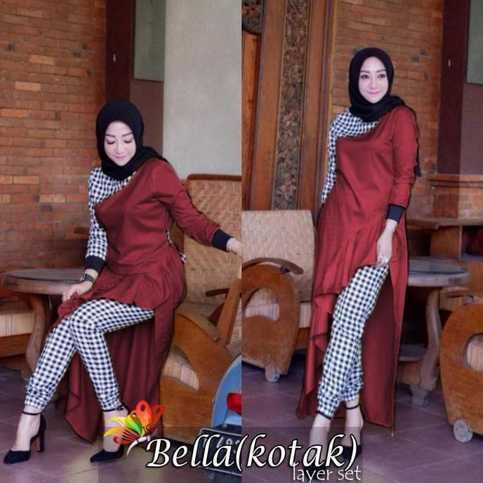 Buruan Tunik Bella Kotak Maron Moscrepe Diskon