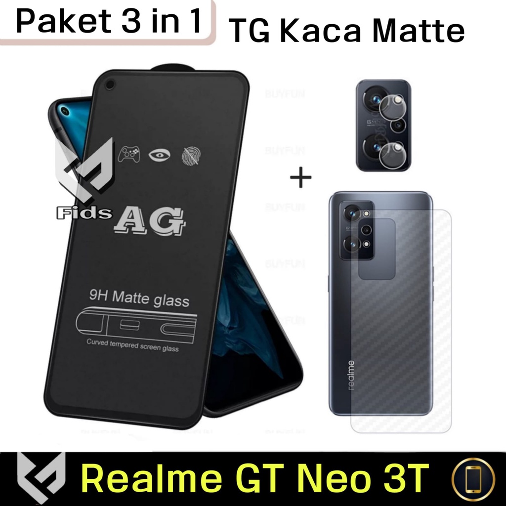 PROMO PAKET 3 IN 1 Tempered Glass Realme GT Neo 3T Free Anti Gores Camera &amp; Skin Carbon Pelindung Body Belakang Handphone