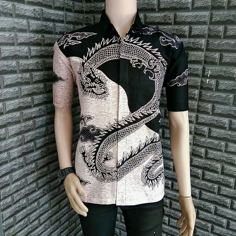 BSWART Batik HRB026 Kenongo Hem Pendek Padi Pekalongan M L XL Batik Pria MURAH Modern Grosir-Naga black.