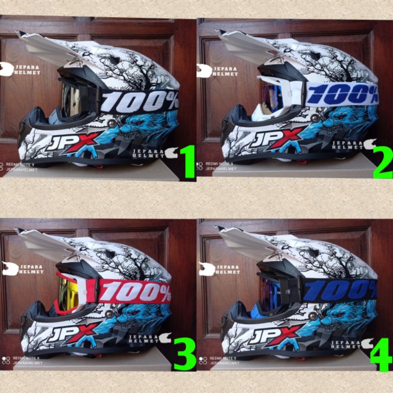 Helm Trail JPX Cross Fox1 X14 Wolf Serigala White Putih Gloss plus goggle 100% 2 lensa | Helm JPX Cr