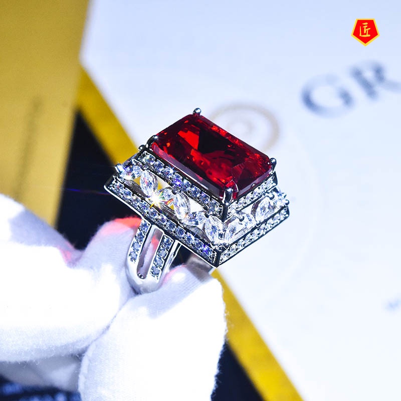 [Ready Stock]Natural Ruby Square Diamond Open Ring Creative Pagoda Shape