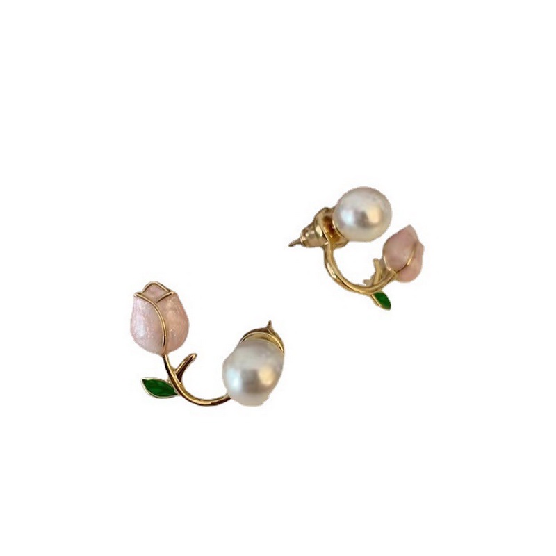 Anting Stud 925 Silver Bentuk Bunga Tulip Hias Mutiara Berlian Gaya Korea Untuk Wanita