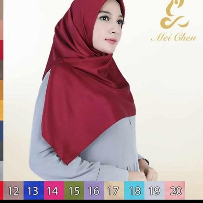 ➫ Hijab Kerudung Segi Empat Neci Satin Polos Merk Mei Chen - pink fanta ➯
